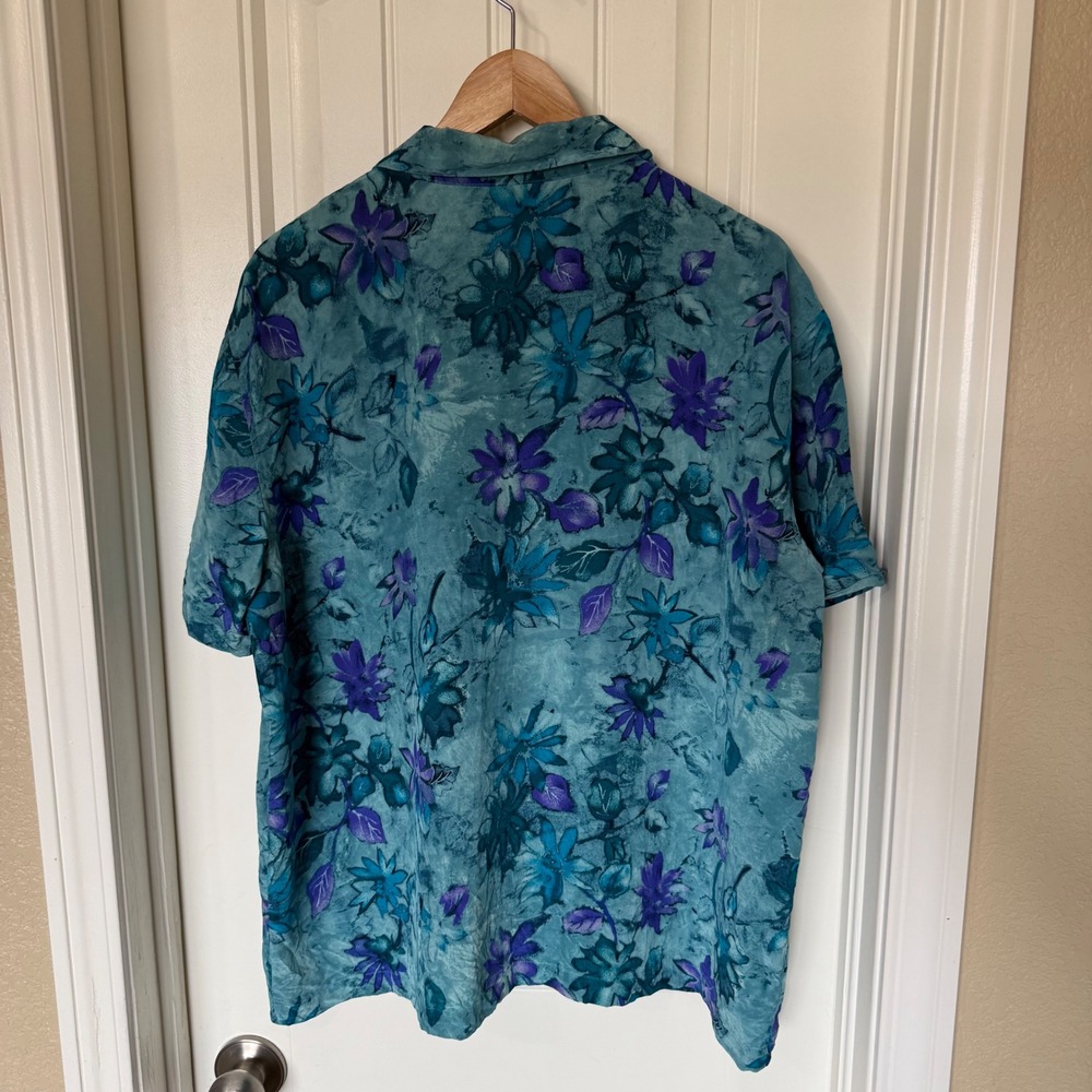 Chico's Design Silk Button Down Women 1x Teal Purple Floral Vintage Art Shirt - Picture 4 of 6